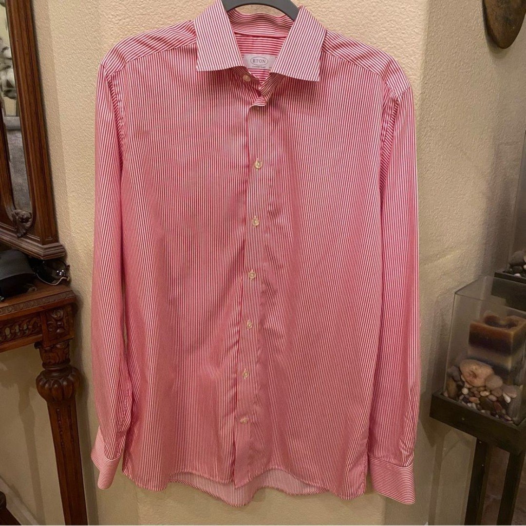ETON Men Red White Striped Buttoned Dress Shirt Size 42/16-1/2