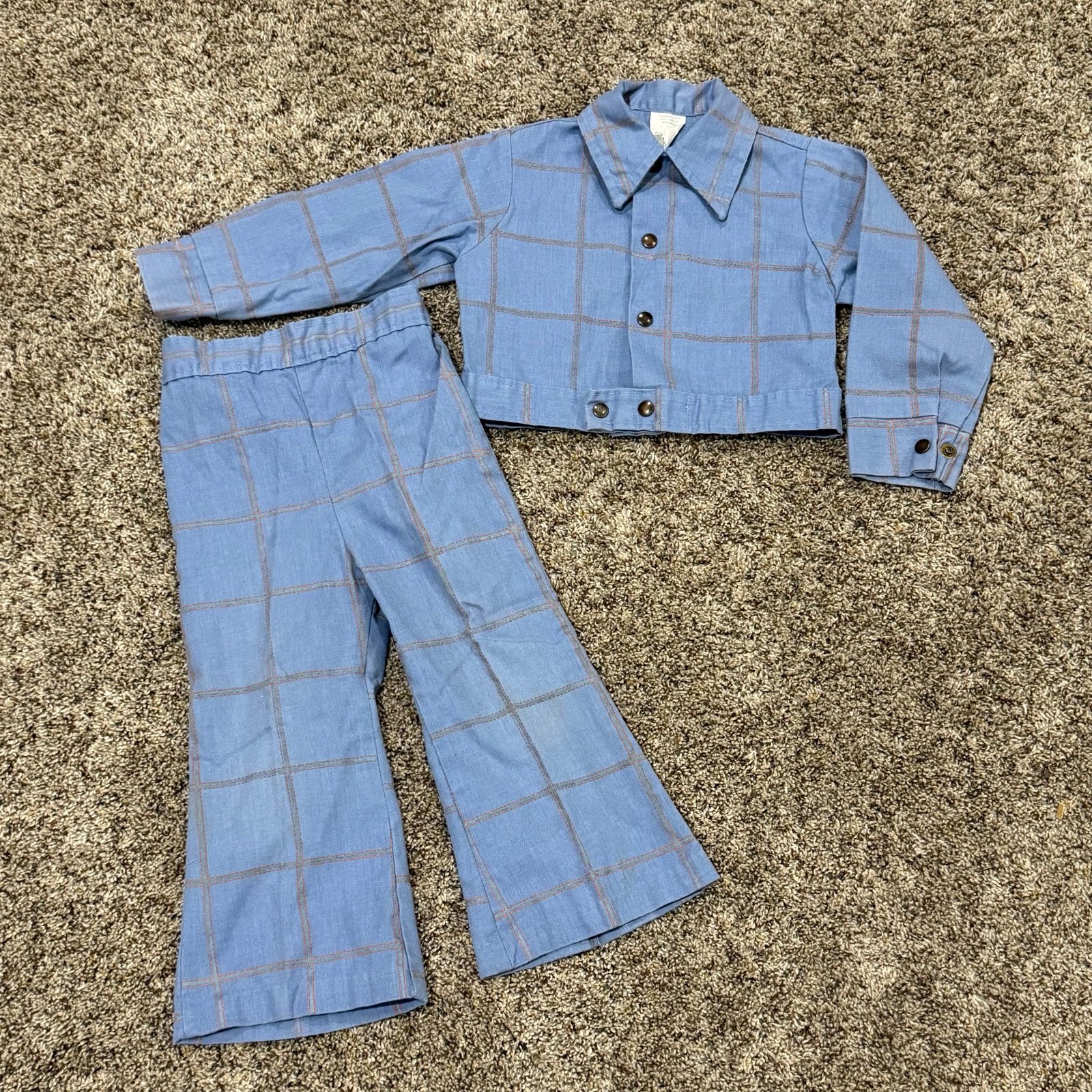 Vintage 1970s Boys 4T Leisure Suit Light Blue W/ Orange Pin Stripe Checks