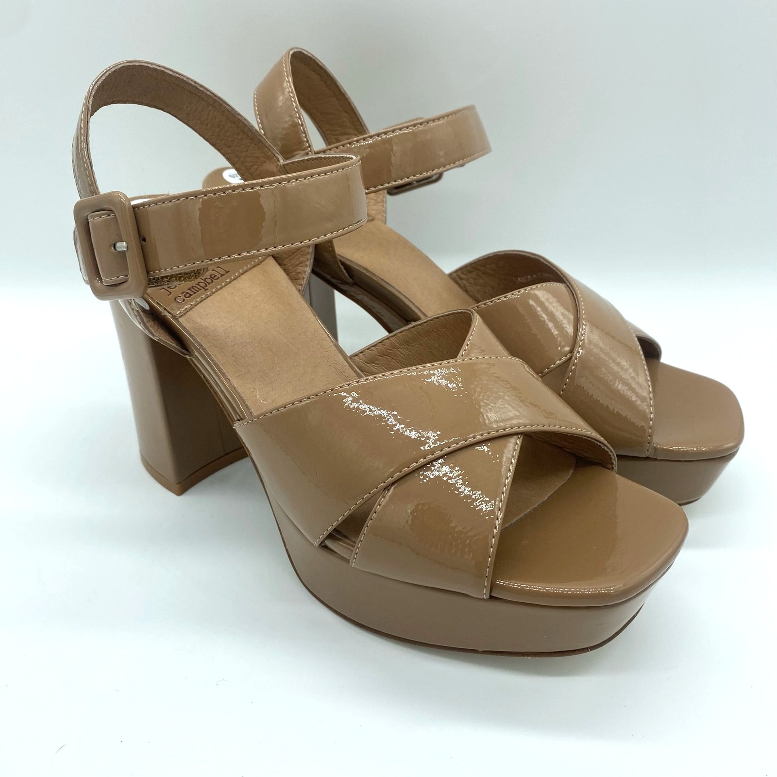 Jeffrey Campbell Women's size 7 Tan Patent Leather Strappy Chunky Platform Heel
