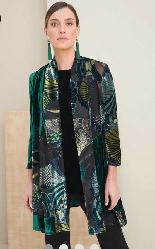 New Chico's Traveler's Velvet Burnout Peacock Kimono Cardigan Artsy Green Size 0