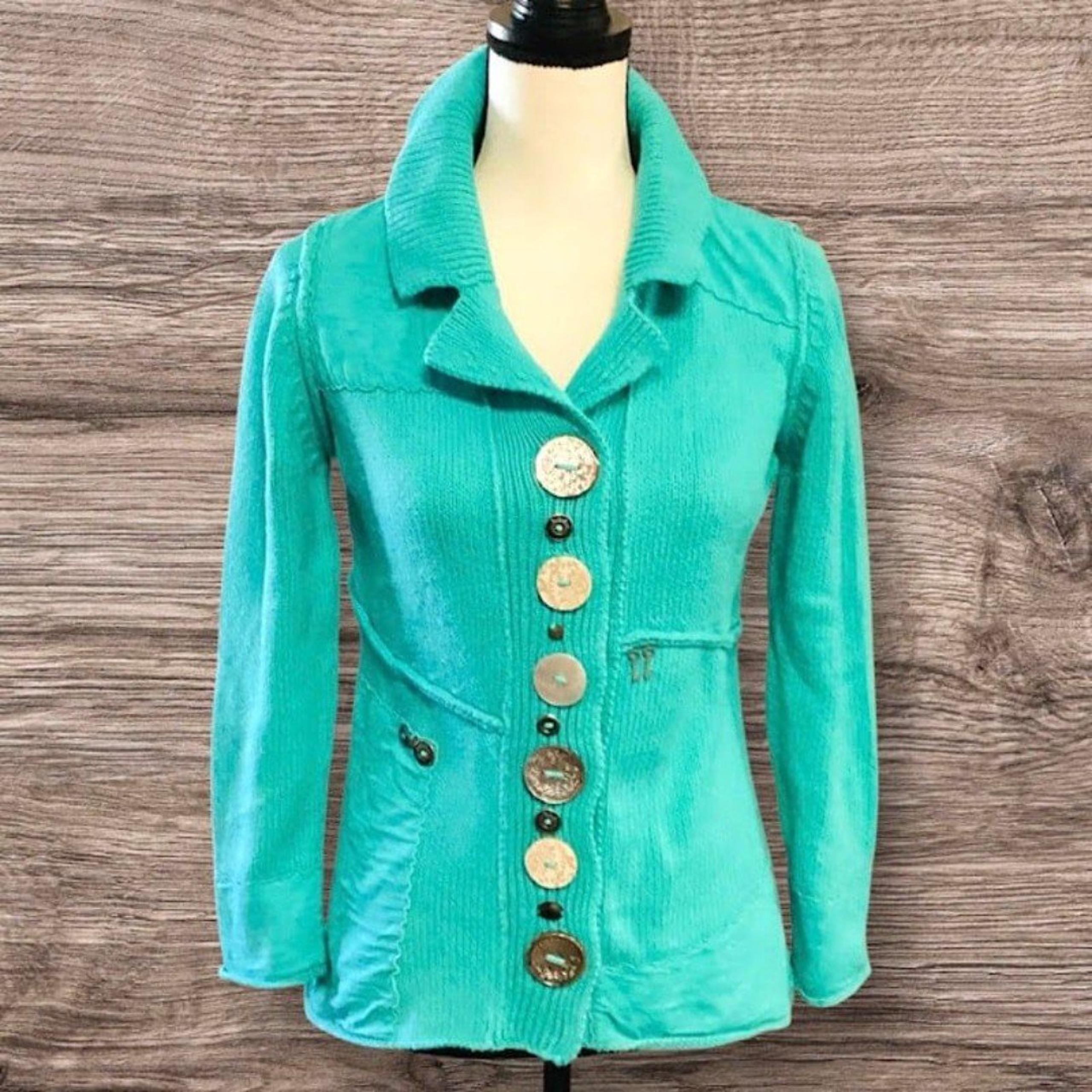 Pure Handknit Vintage Y2K Mixed Media Button details Teal Sweater XS/TP