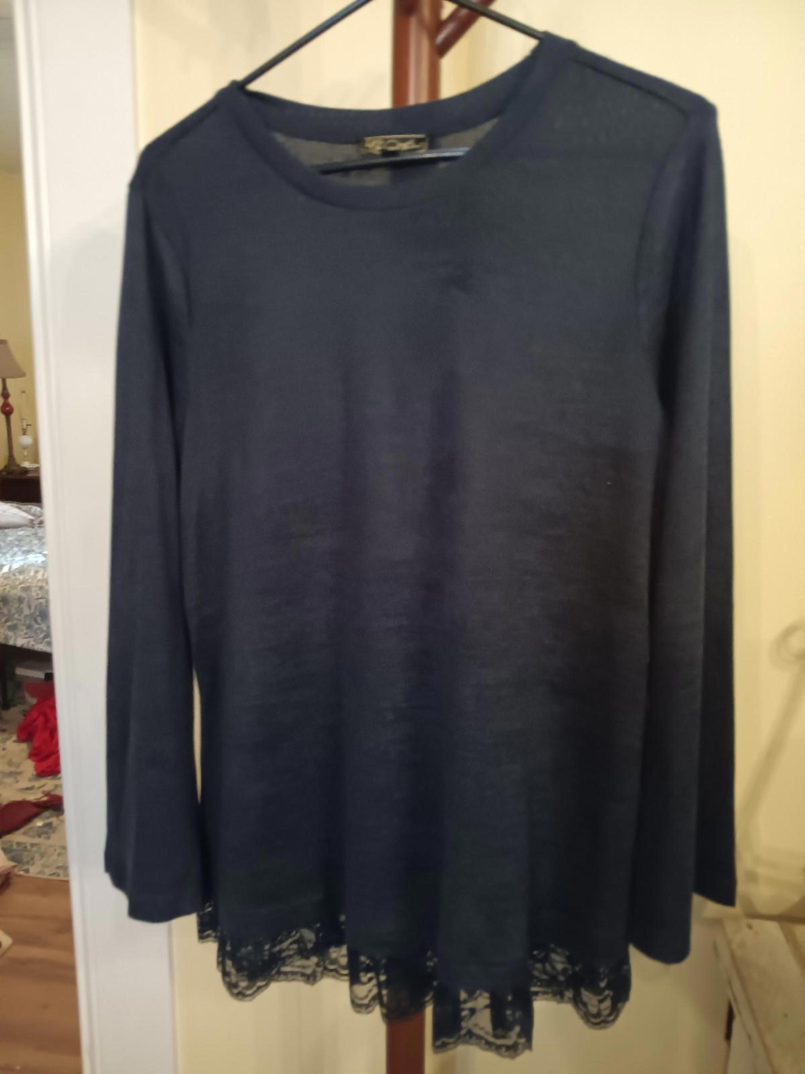 DG2 By Diane Gilman Womens Blouse Blue Long Sleeve Top With Lace Accent On Hem L