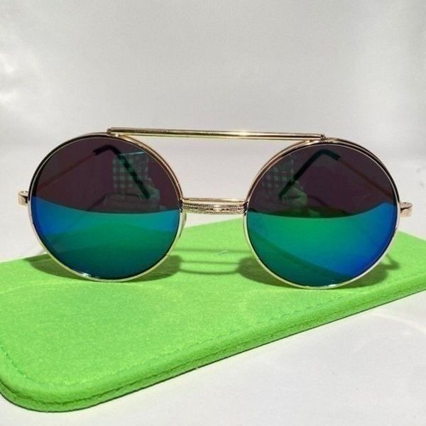 Gold Round Metal Frame Sunglasses with Blue Mirrored Lenses New