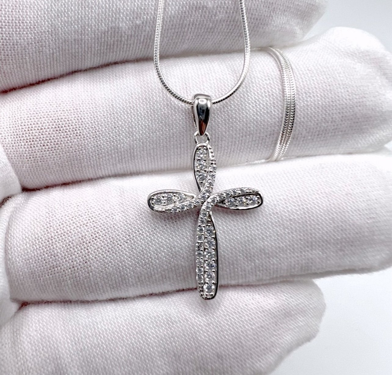 .925 Sterling Silver Cross Clear CZ Necklace