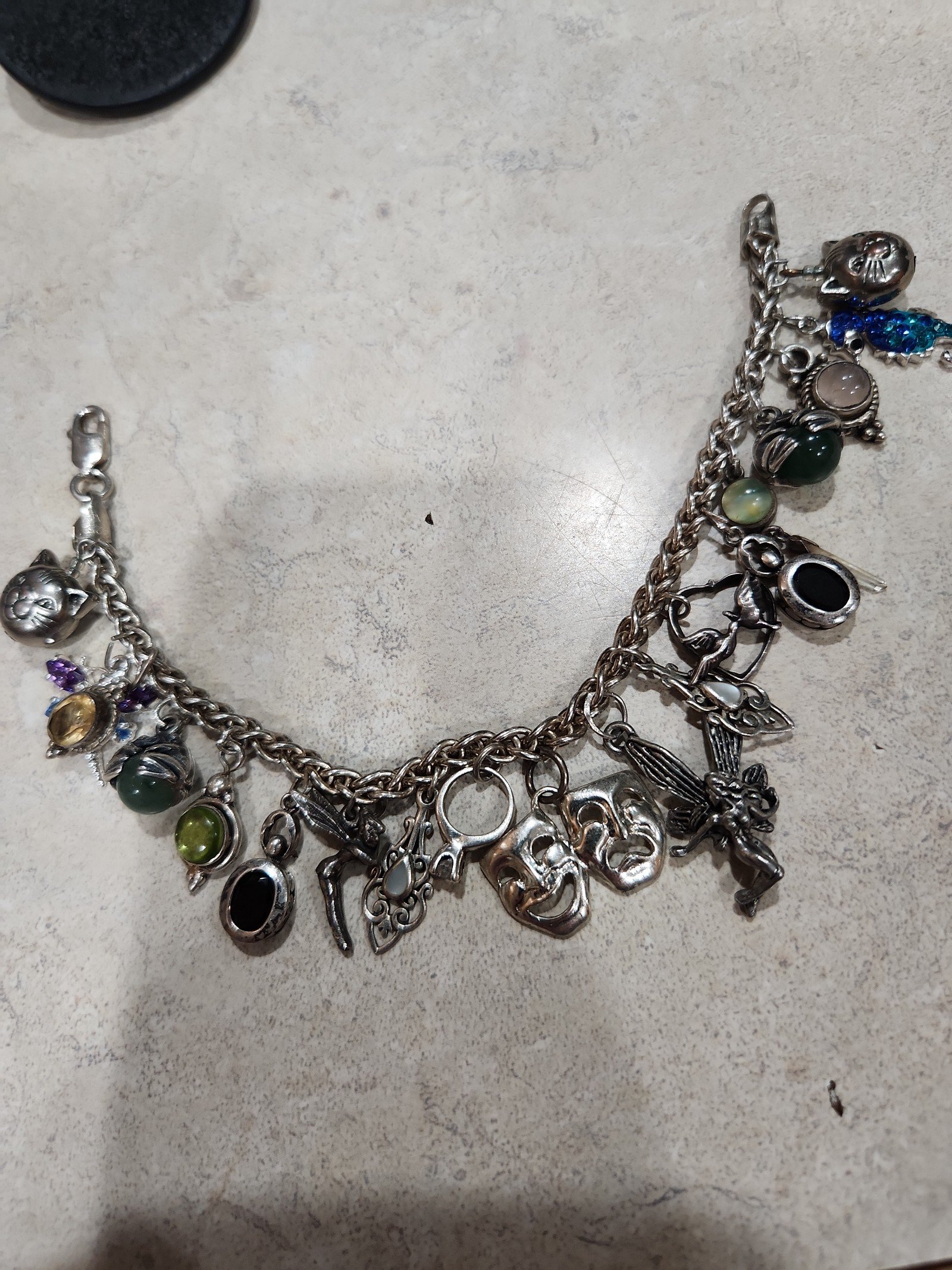 Sterling Silver Misc Stone & Charms Bracelet Beautiful Handmade 40gr .