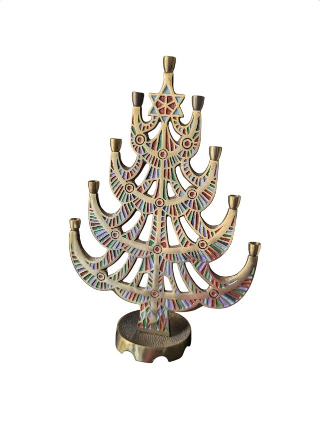 Vintage Brass Enameled Tree Menorah 1965 Terra Sancta Creations Inc Israel GC