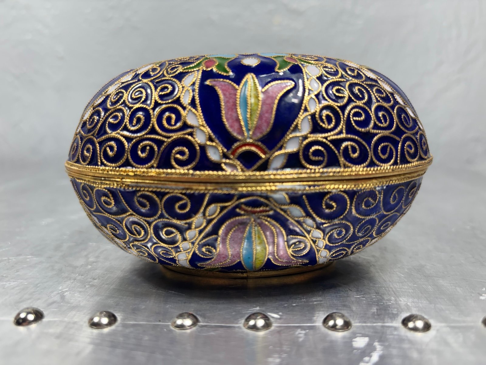 Antique Hand Fabricated Glass Enamel Cloisonné Oval Multicolored Box/Egg
