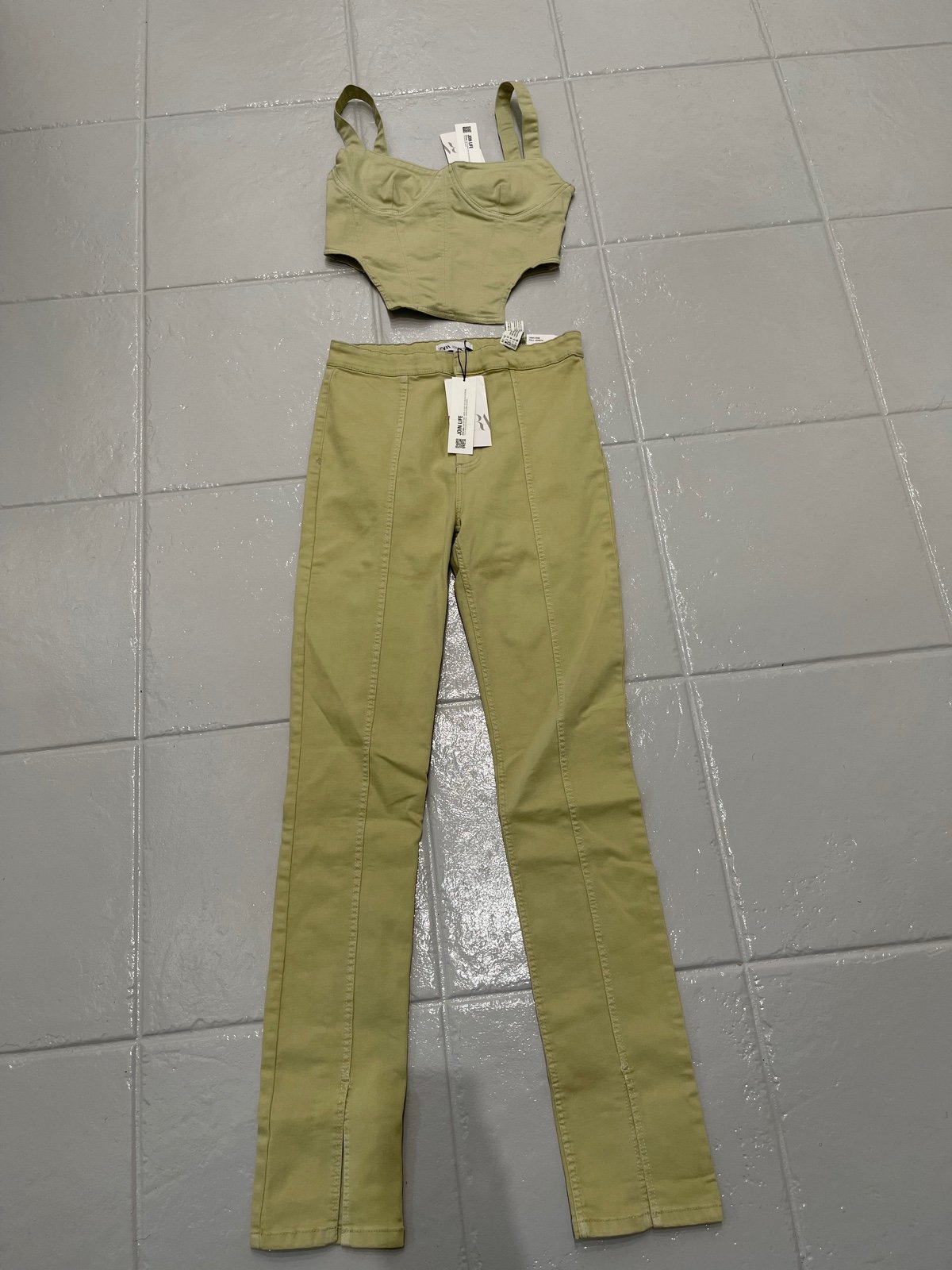 Zara green and split front jeans and corset