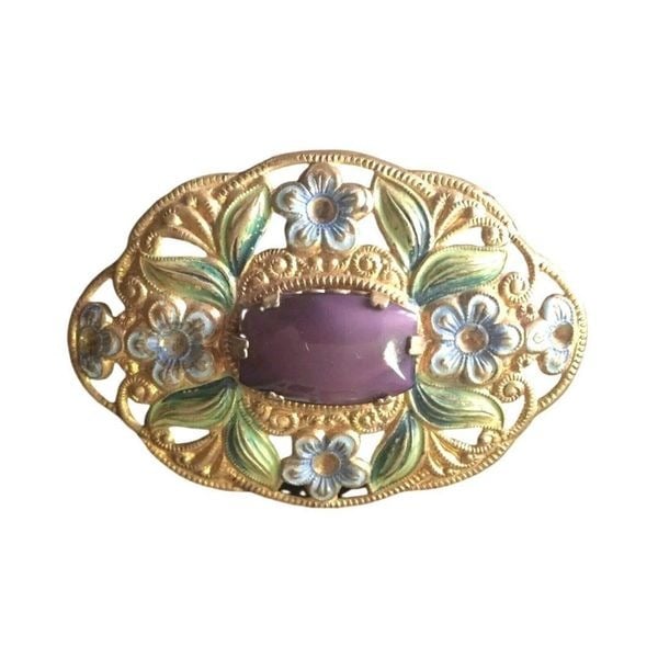 Antique Floral Brooch Pin Gold Filled Purple Enamel Art Nouveau France