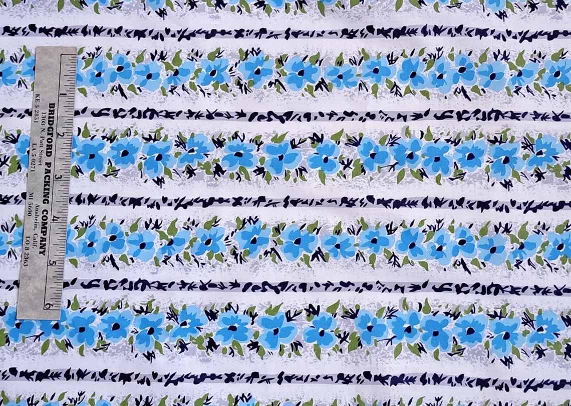 Vintage Cotton Broadcloth Fabric in Blue/Turquoise Blue Floral Stripe