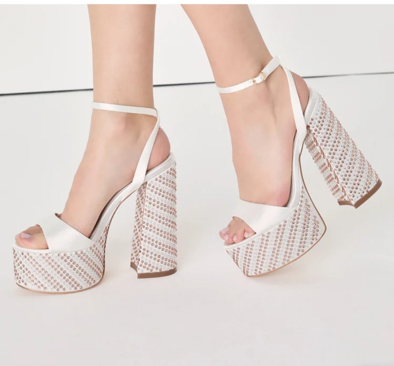 Lulus Aubreyy Ivory Satin Rhinestone Platform Ankle Strap Heels, Women's Size 10
