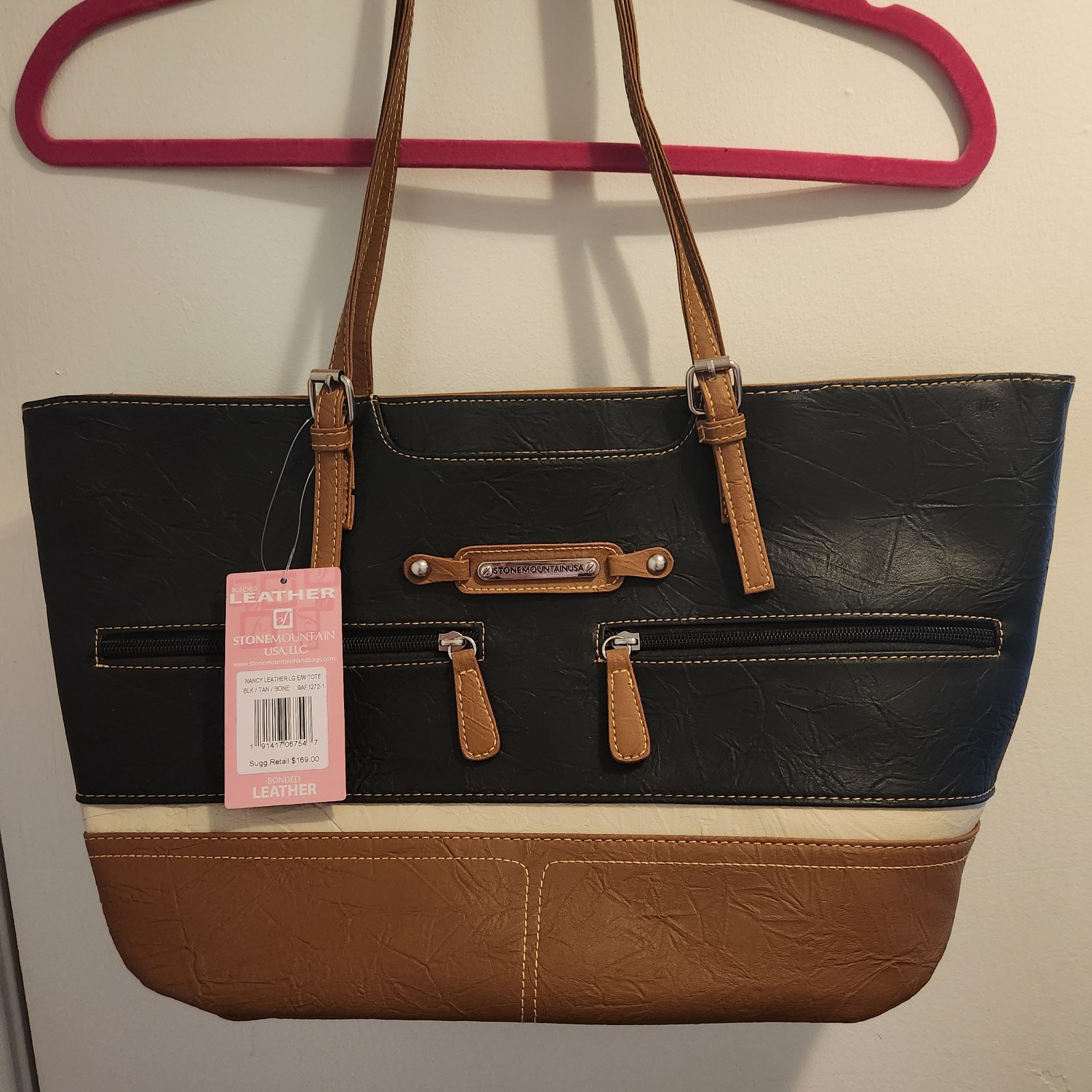 NWT Stone Mountain Nancy Pebbled Leather Tote Purse Black Tan Bone Multi Pocket
