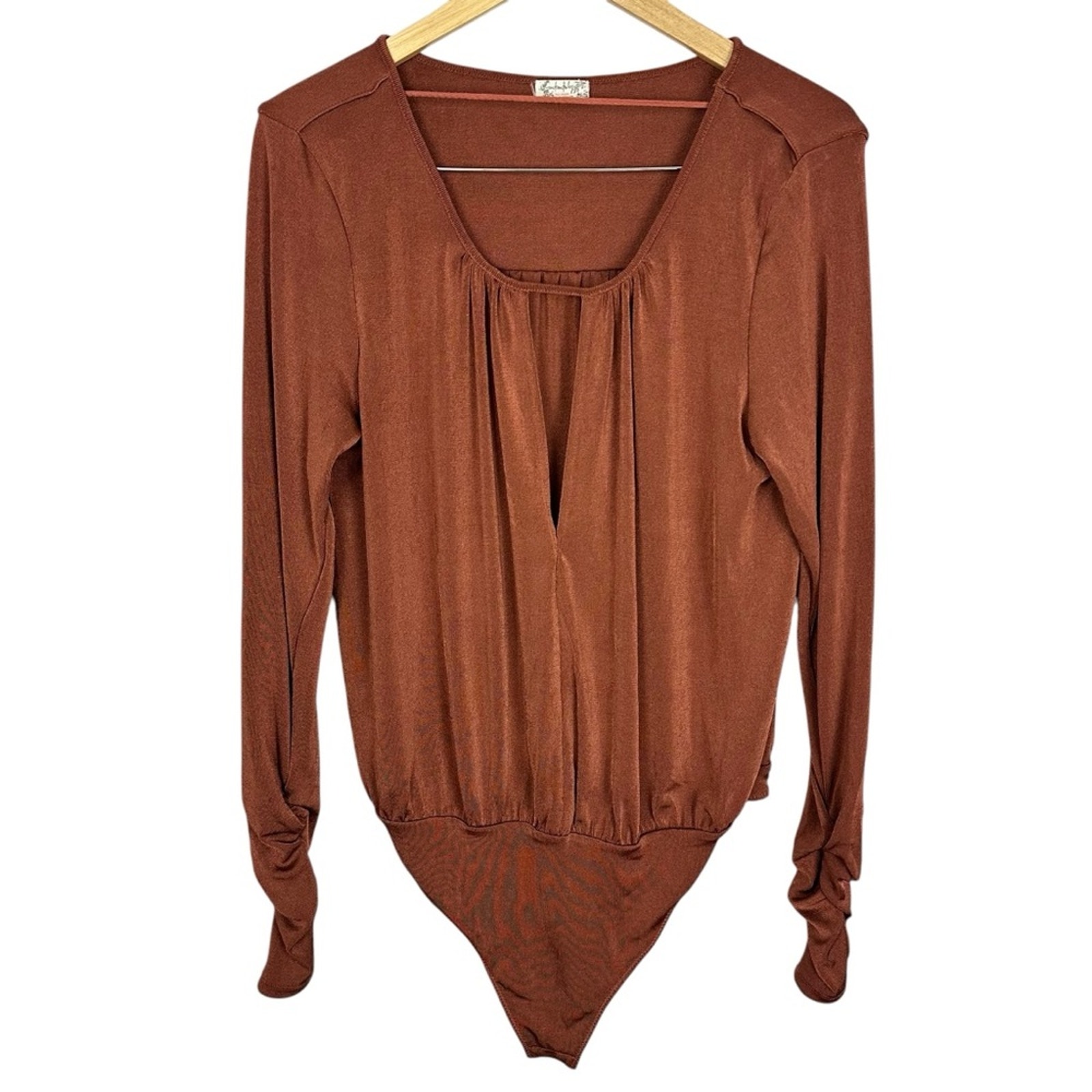 Free People Intimately Kaya Rust Brown Long Sleeve Cutout Bodysuit Size XL