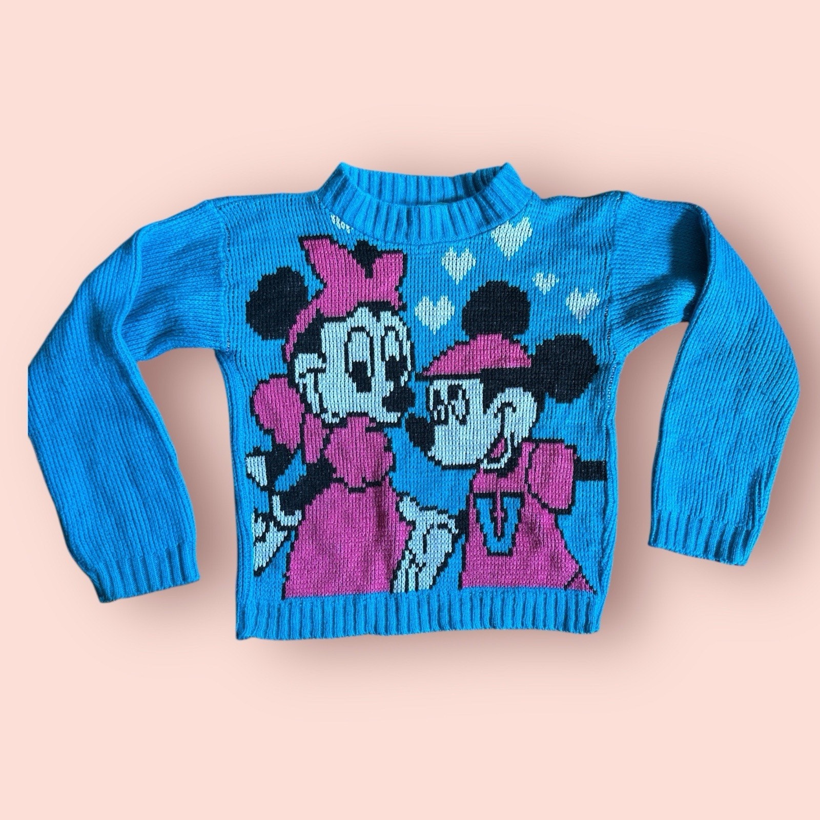 Vtg 80s Disney Blue Mickey Minnie Knit Sweater Girls Medium 8/10 Heart Pink