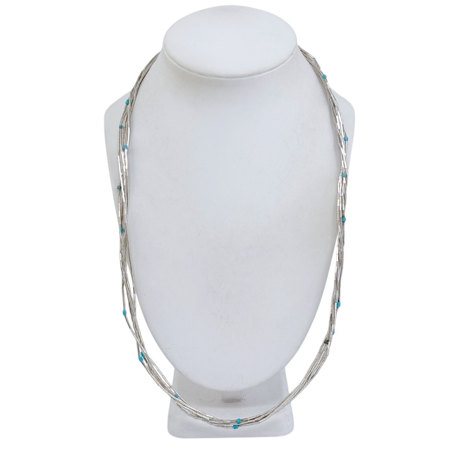 Vintage Southwest Sterling Liquid Silver 925 Turquoise 5-Strand Necklace 25.5