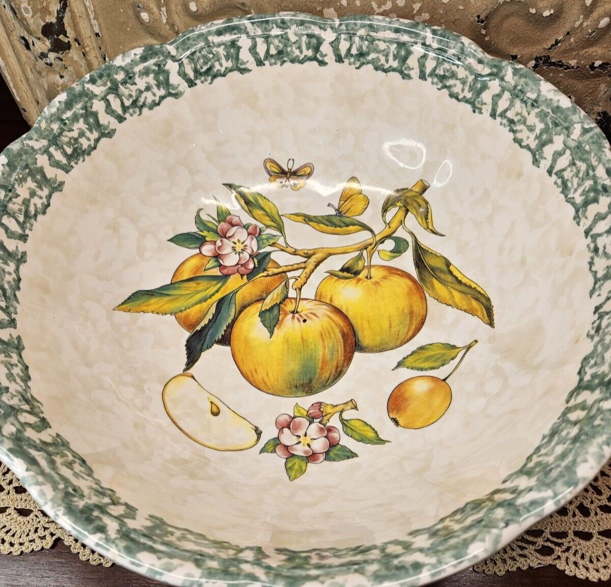 Vintage Serving Bowl Made in Italy for Himark 13 Apples Flowers & Butterflies