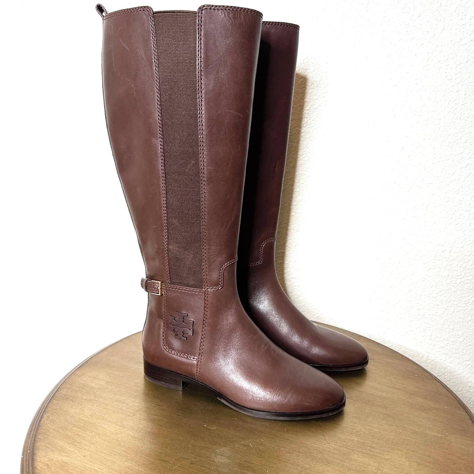 NEW Tory Burch Riding Boots Tall Knee High Logo Casual Stretchy Leather Brown 7