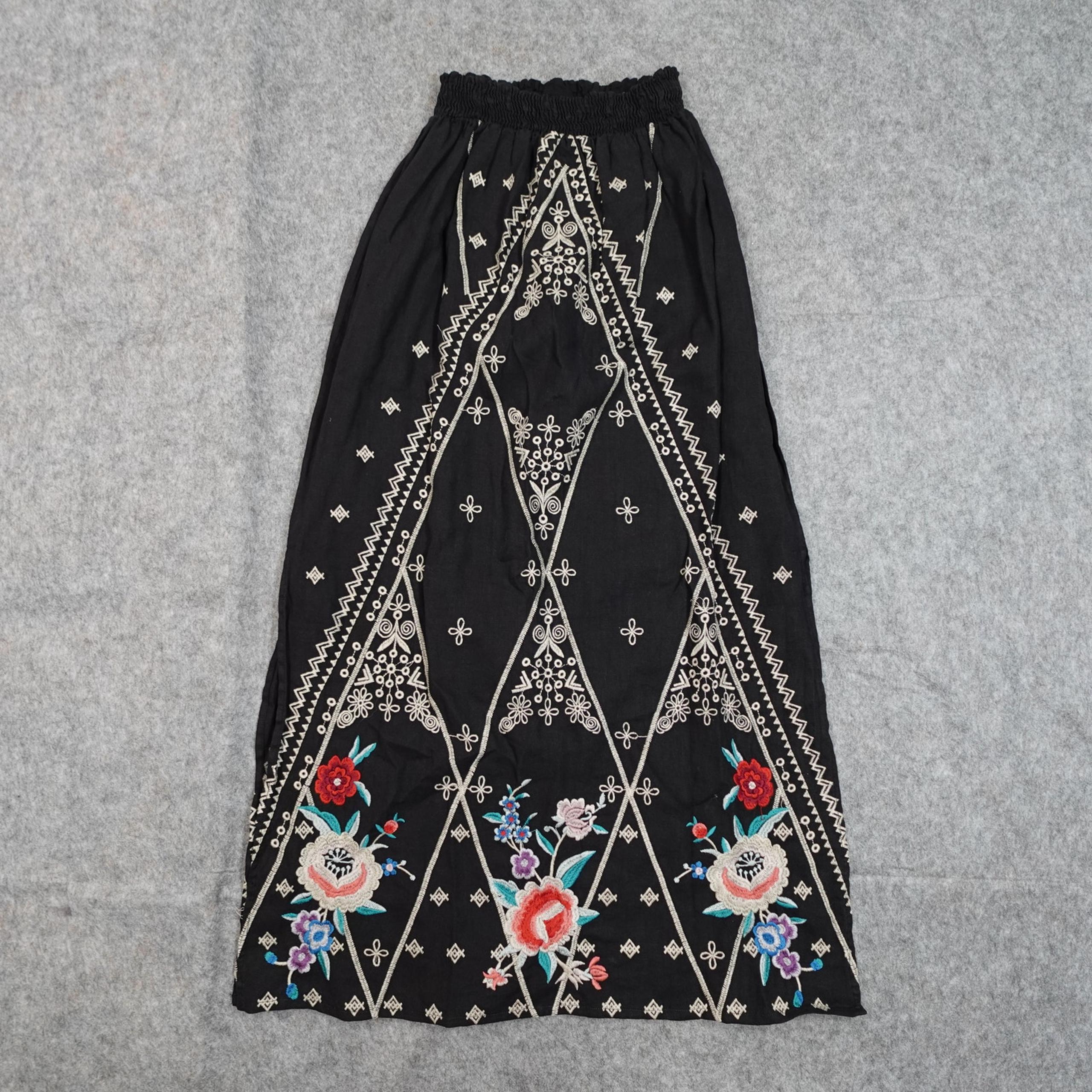 Johnny Was Skirt Womens Small Eliza Maxi Embroidered Linen Boho Floral Black