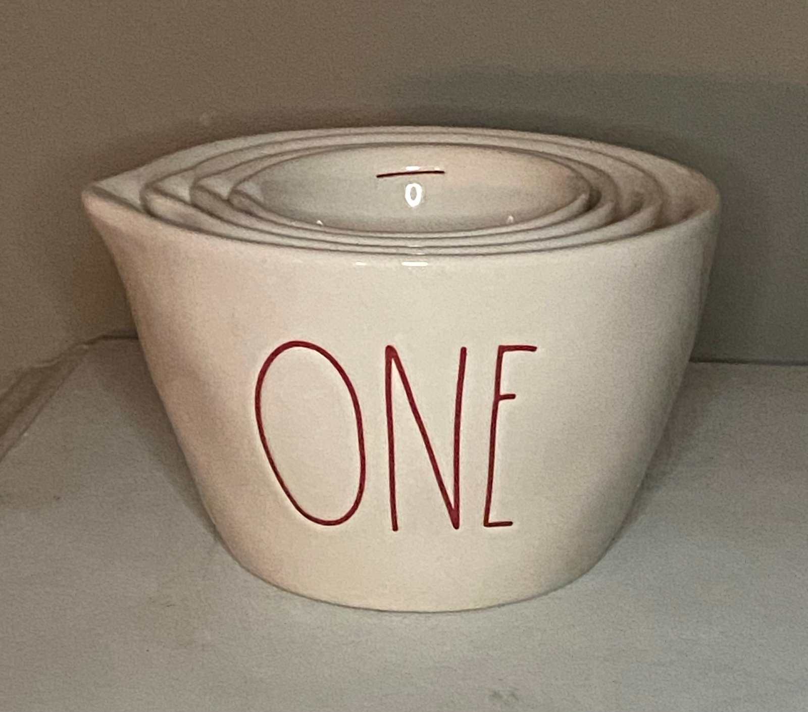 Rae Dunn White with Red Writing Measuring Cups