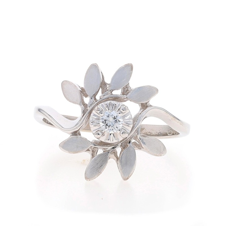 White Gold Diamond Botanical Solitaire Bypass Ring 14k Rnd Cut Leafy Vine LX1822