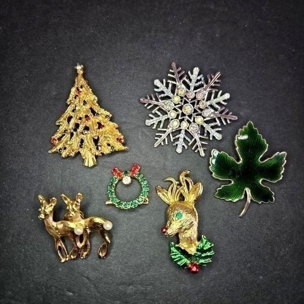 Vintage Christmas Rhinestone Enamel Holiday Pin Brooch Lot of 6