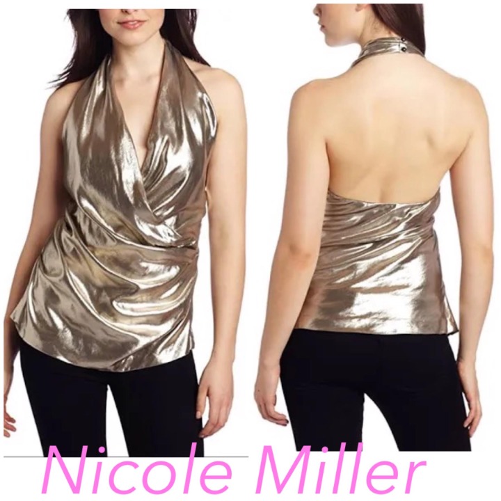 Nicole Miller metallic gold draped halter top. Flashy sexy club
