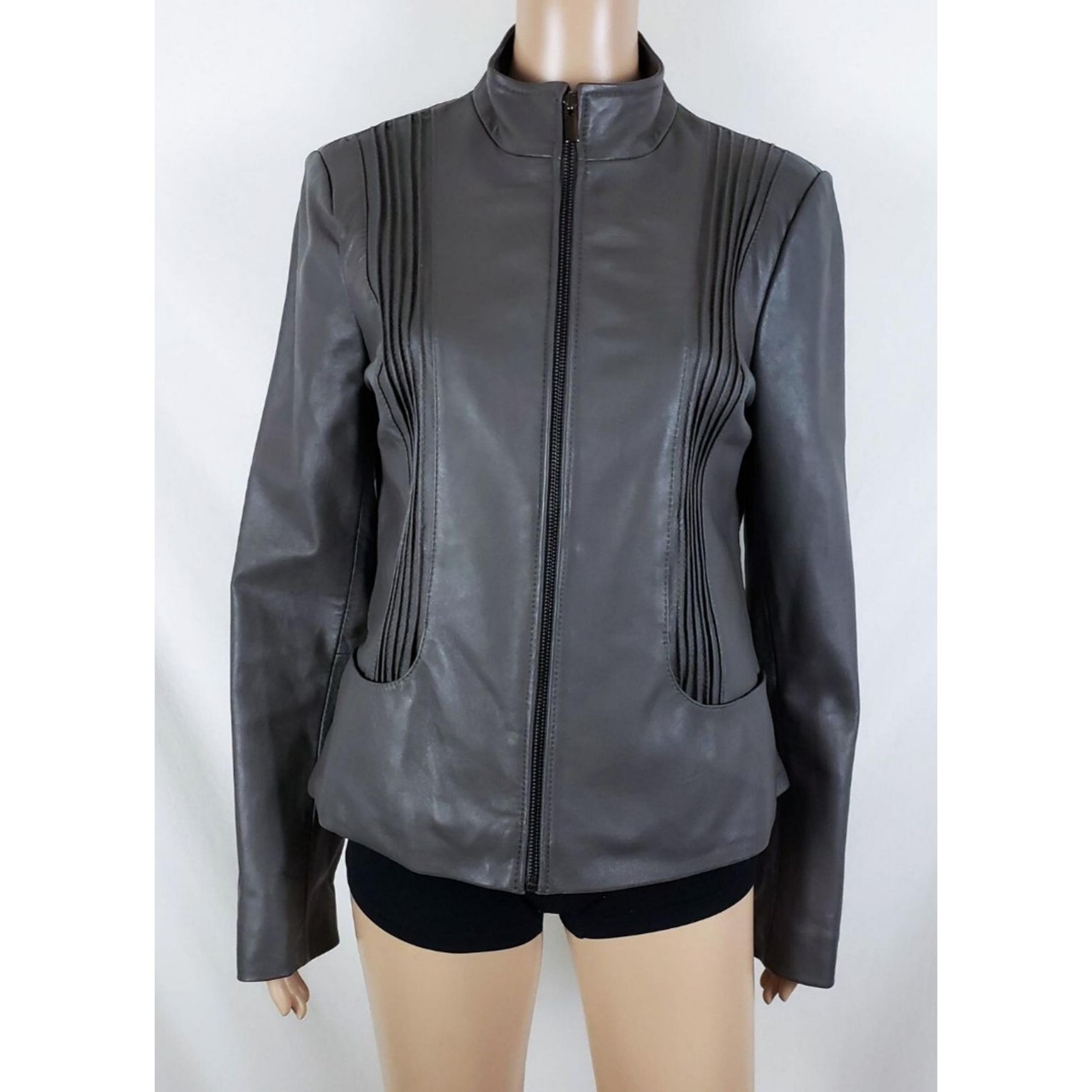 Tahari Lamb Leather Jacket Womens M Brown Pleated Moto Biker Peplum Back