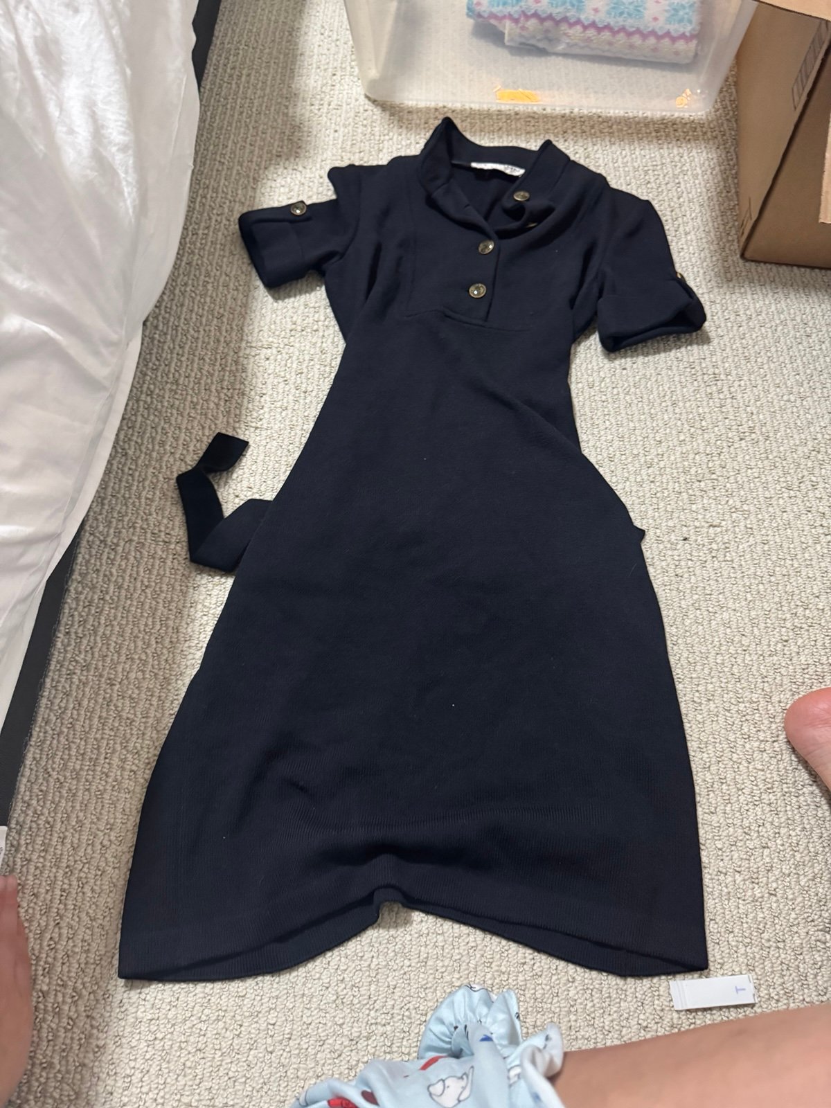 Black St. John collection, long dress with short sleeves and buttons in the fron