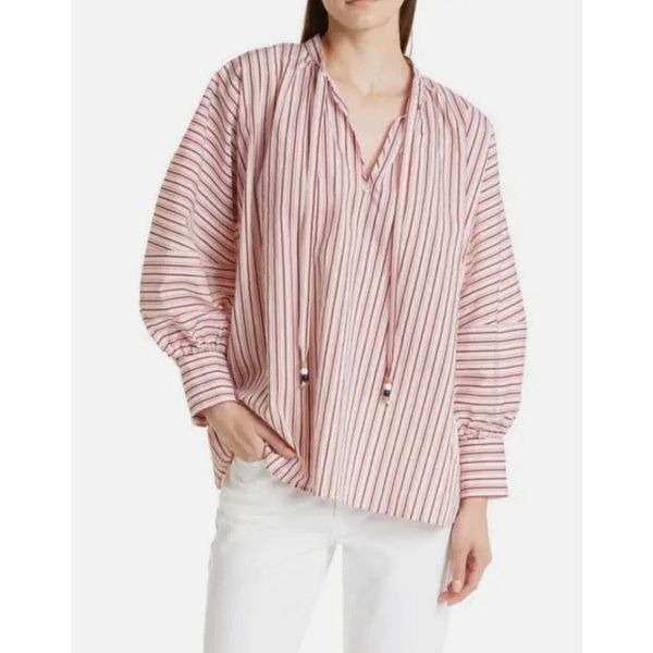 HUGO BOSS Women's Bateco Striped Tie Neck Top in Sienna/Rust NWT Size 4