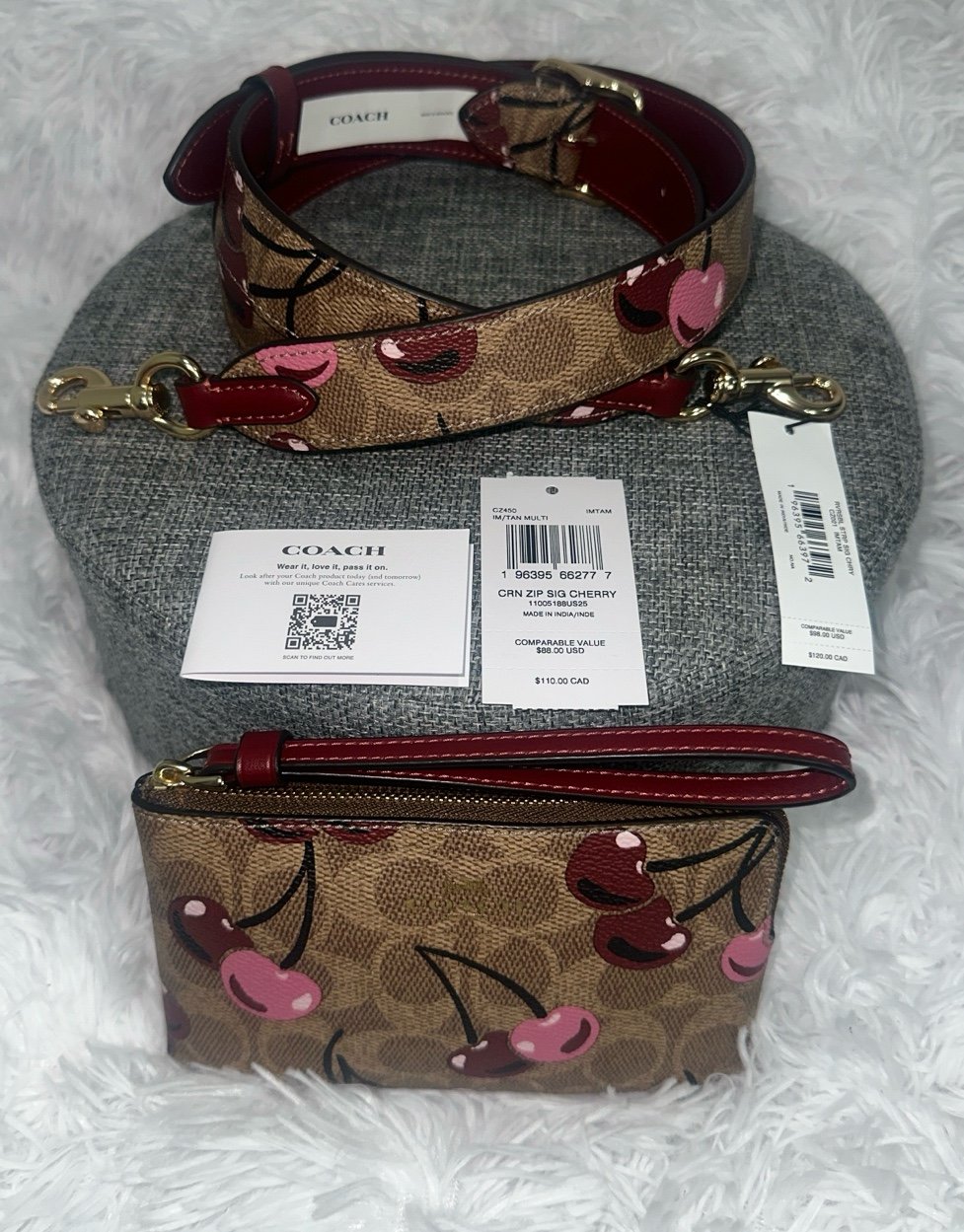 Coach signature Leather Cherry reversible strap & Sig Cherry wristlet NWT