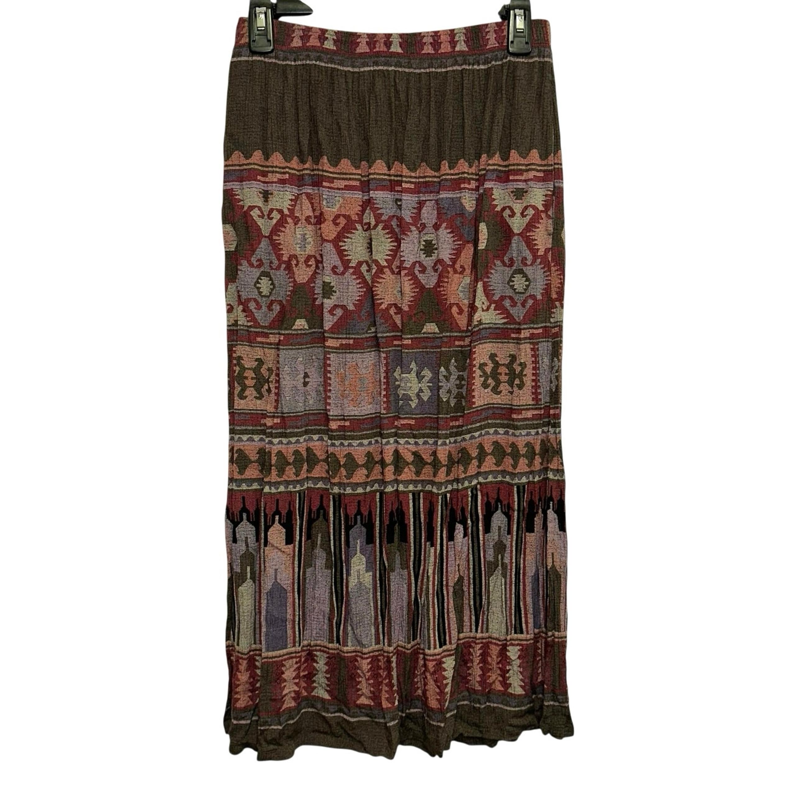 Monterey Petites by Koret Boho Maxi Skirt Ethnic Aztec Print Brown Red Small