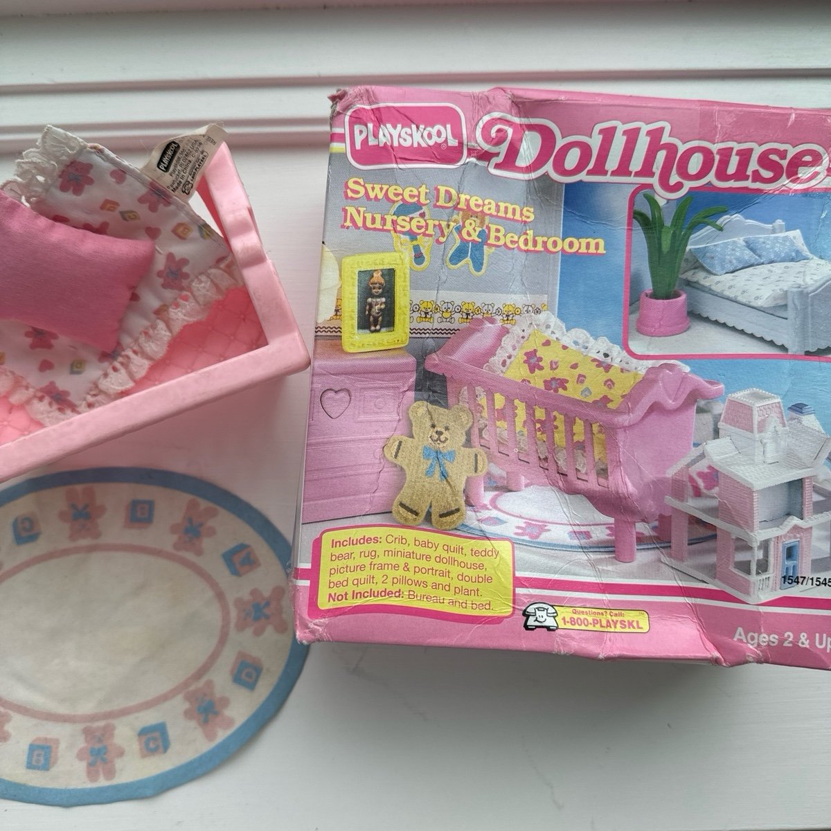 Vintage Playskool dollhouse sweet dreams nursery box crib rug +