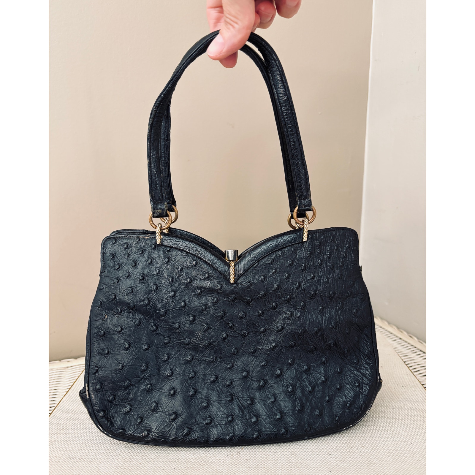Black 1950's-60's GENUINE OSTRICH Skin Handbag - I. MAGNIN