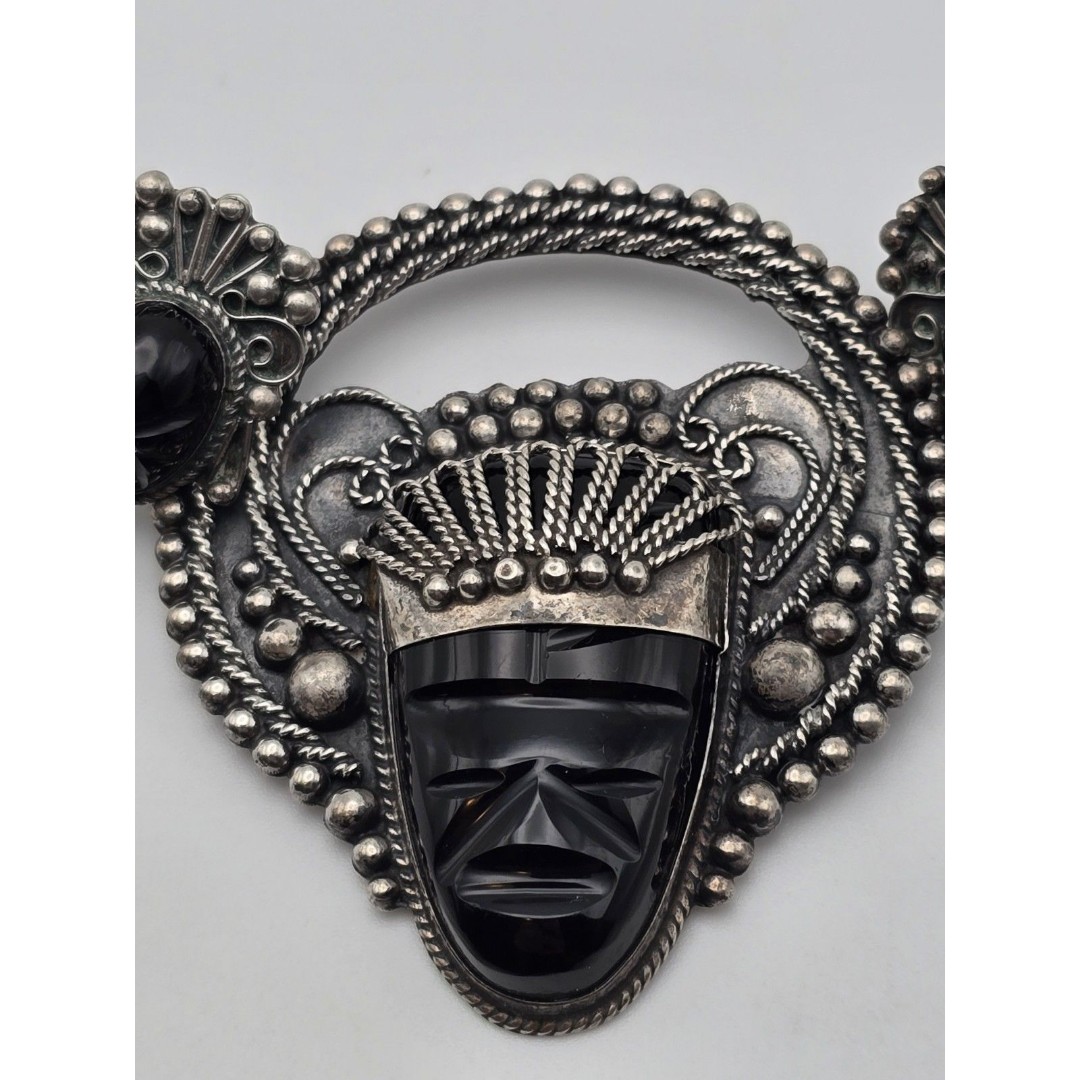 Vintage/antique Mexican Sterling Silver & Onyx Mask Brooch