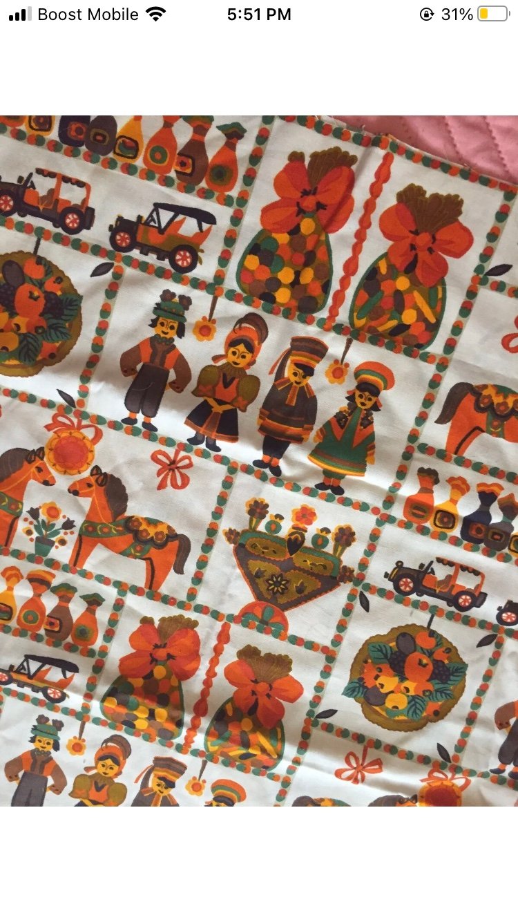 Vintage Thanksgiving vat dyed Orange furniture fabric Ford Model T Auto pilgrim