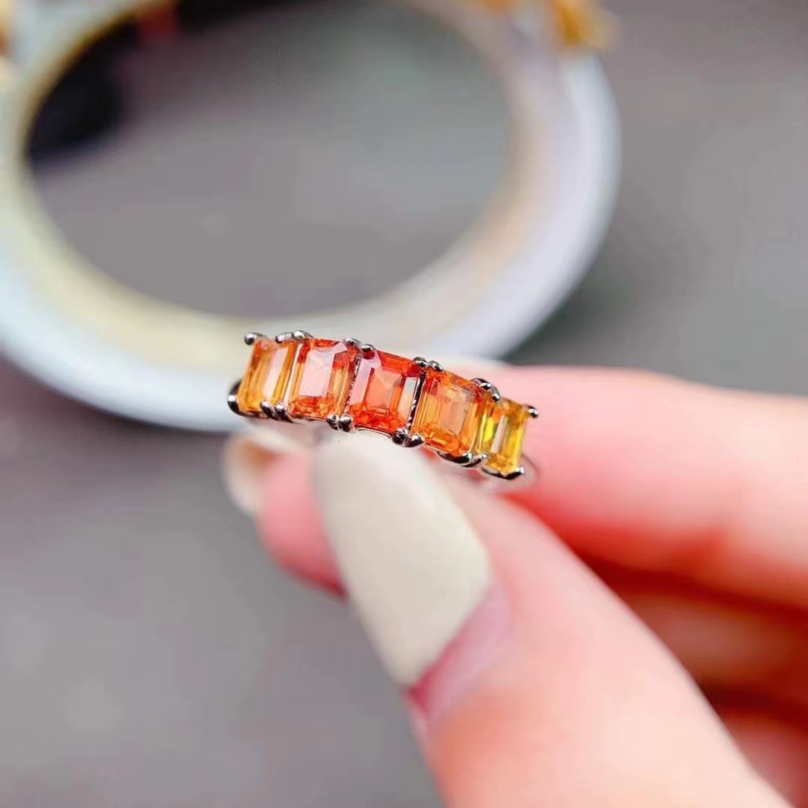 Natural Orange Sapphire Band Ring, Orange Sapphire VVS Grade 925 Sterling Silver