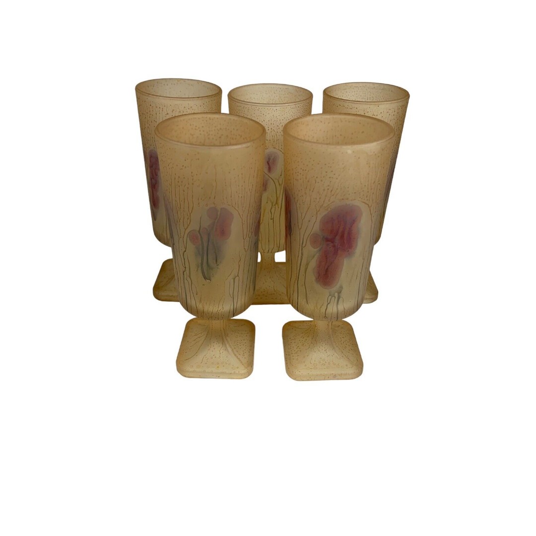 Art Nouveau Italy Frosted Glass Wine Water Footed Glasses Watercolors Set Of 5