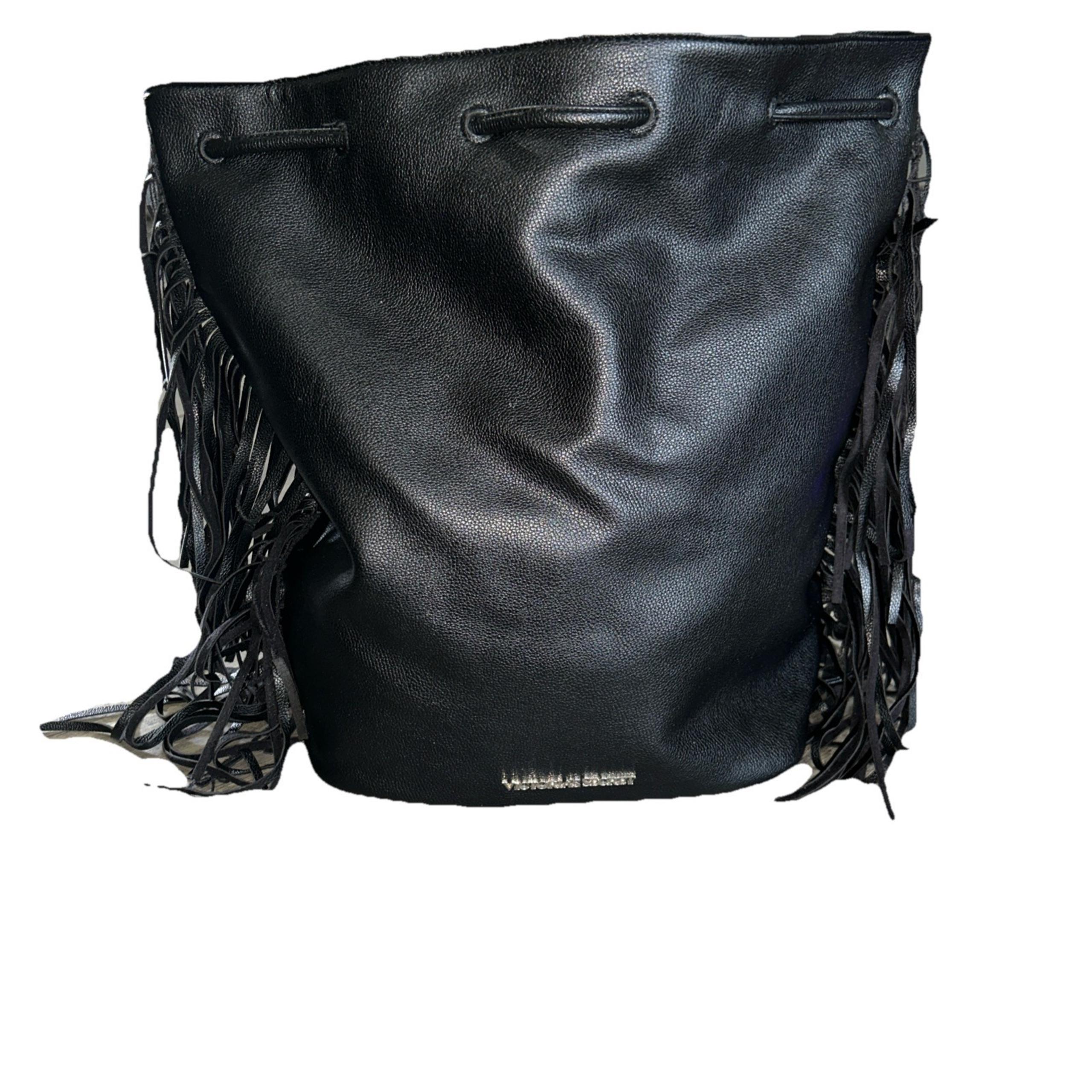 Victoria's Secret Black Fringe Backpack Purse Bag Faux Leather Used