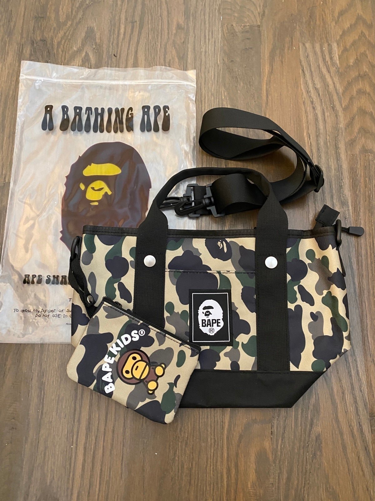 Bundle of TWO Bape Bags Bape Camo mini tote and Bape card holder pouch