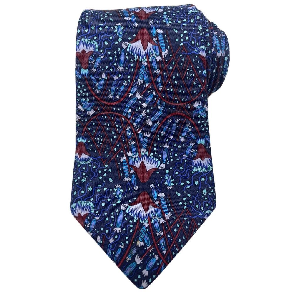 Hermes Paris France Blue Red Silk Tie 150th Anniversary 7948 TA 54 Length
