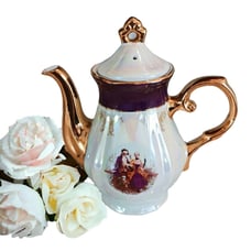 GNA Fine Porcelain 8.5 Tea Pot GOLD Hand Painted Victorian Courtship Iridescent