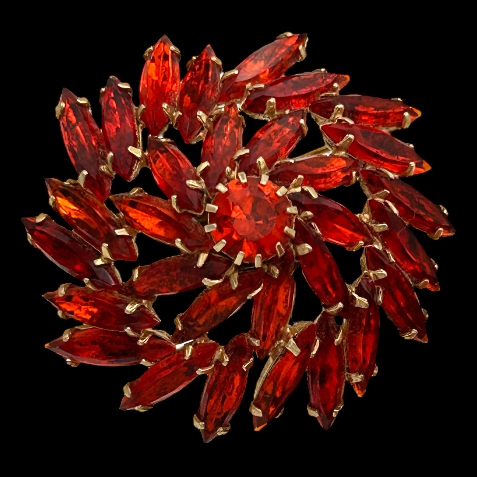 Vintage 1968 Emmons Gold Tone Wildfire Red Navette Rhinestone Domed Brooch