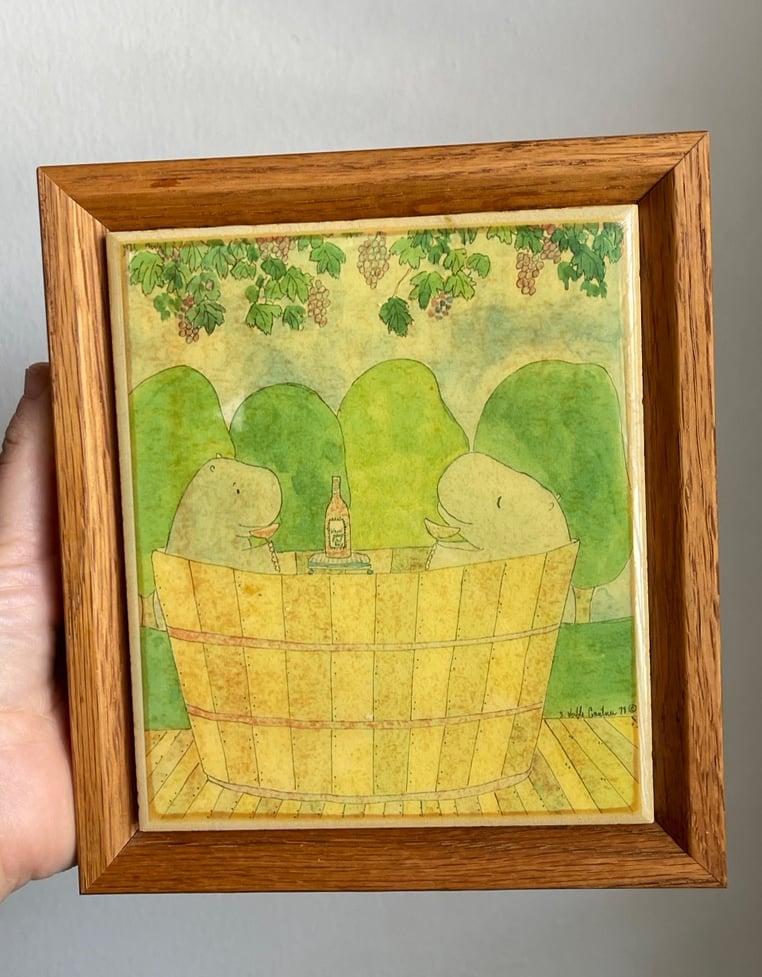 Vintage Kimberly Enterprises Wooden Framed Tile Art Hot Tub Hippo 6.5 x 7.5