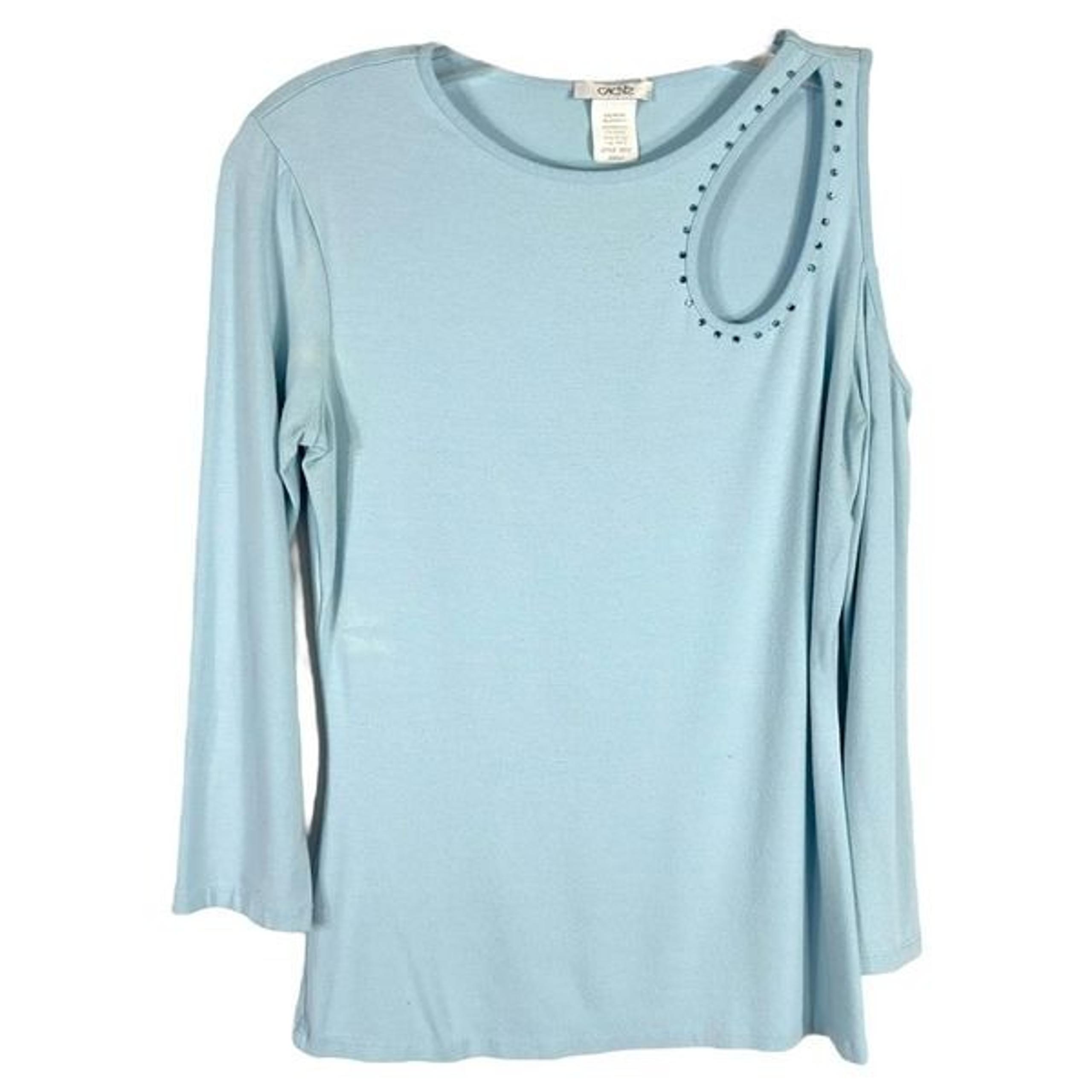 Cache Small Top Knit Light Baby Blue Rhinestones Cut Out Cold Shoulder Y2K 1348