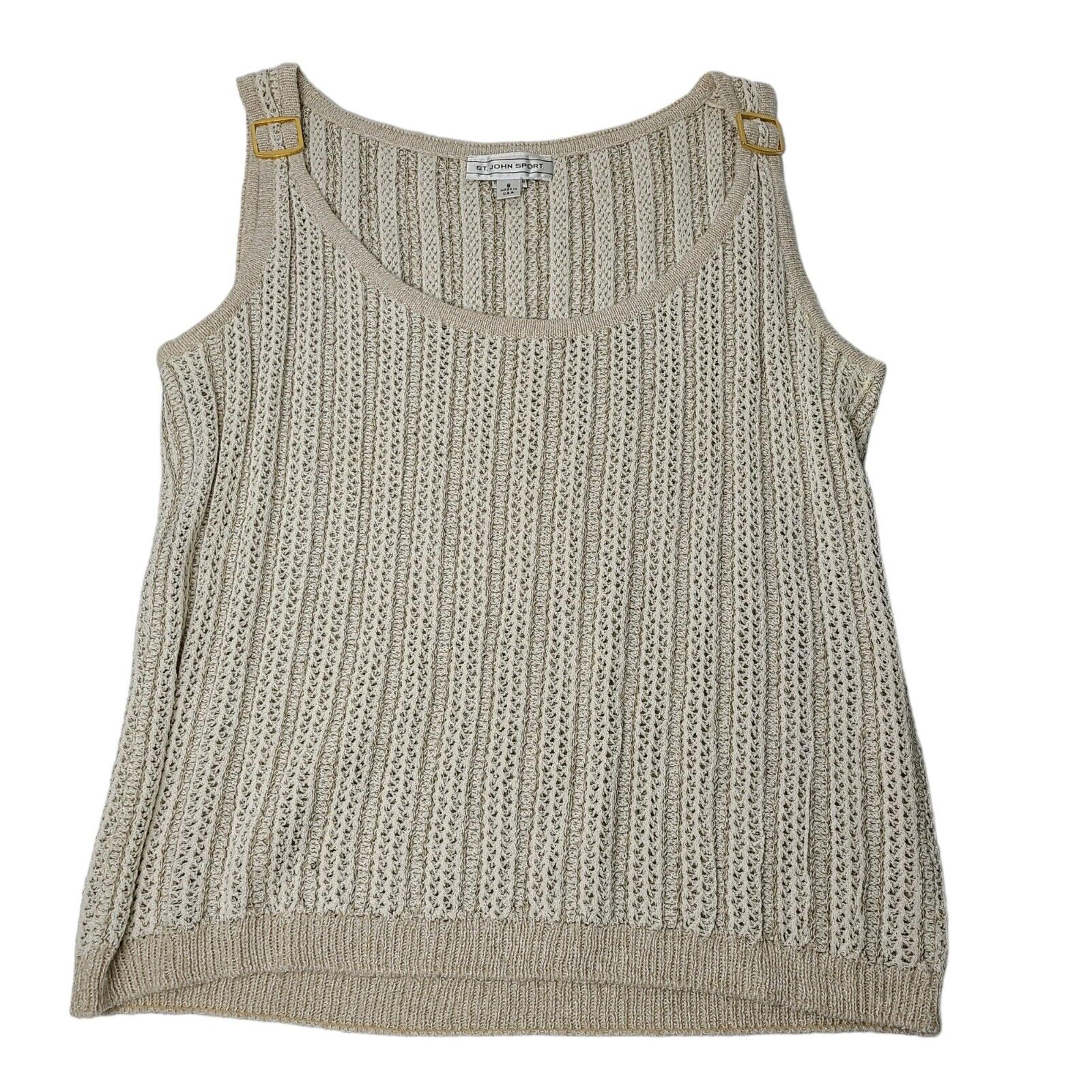 St John Sport Womens SZ S Cream/Tan Cable Knit Tank Top Shell Scalloped Edge