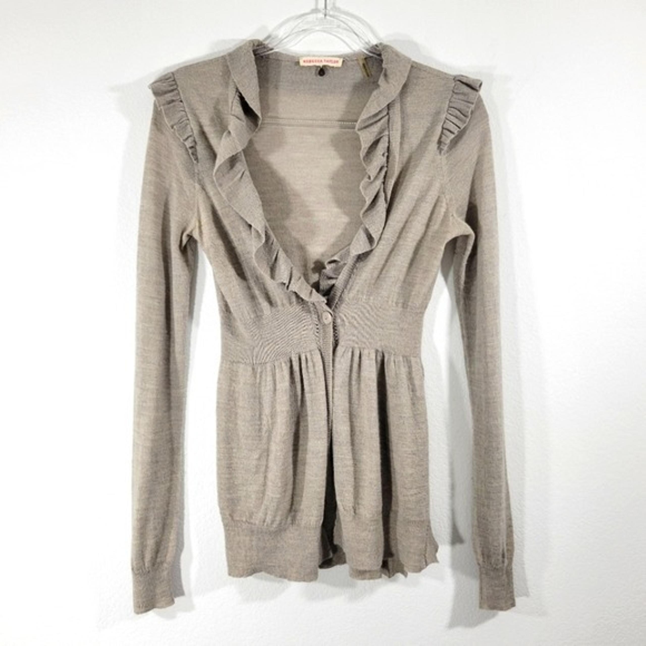 REBECCA TAYLOR wool alpaca knit flirty ruffled taupe fitted cardigan sweater