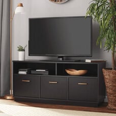 Modern Black Oak TV Stand with Open Storage Shelves for 50-inch TVs