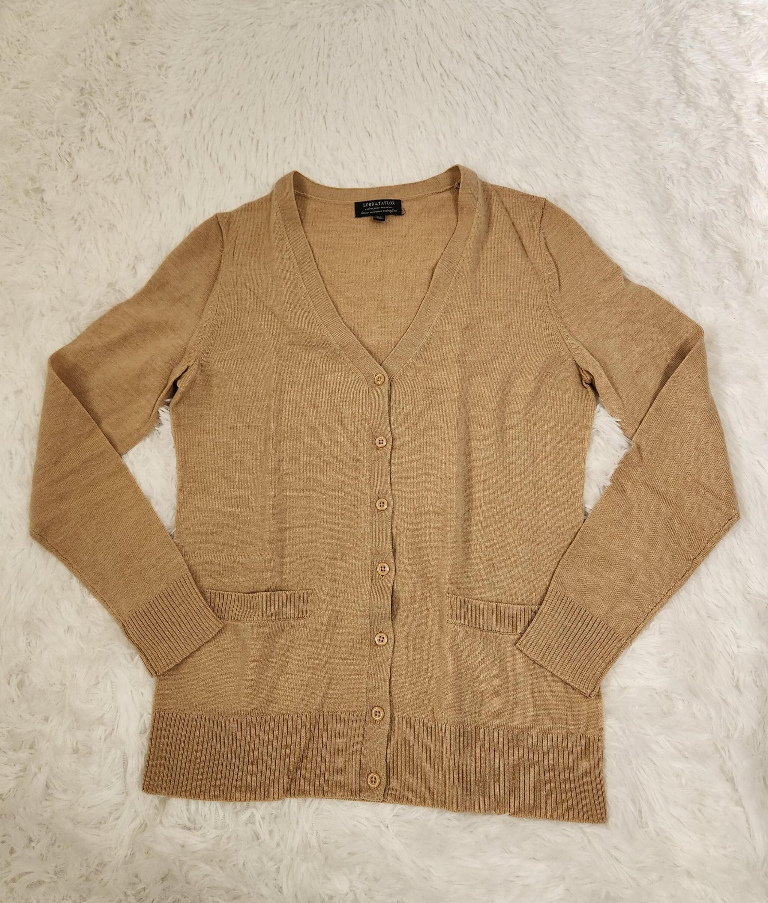 Lord & Taylor Tan Merino Wool V-Neck Cardigan