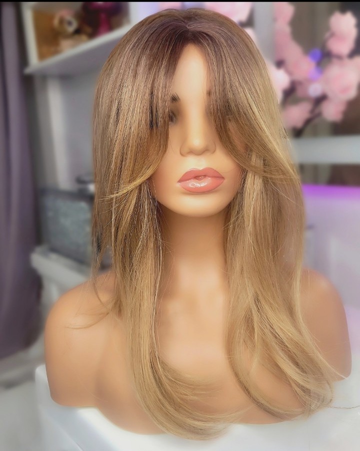 High Quality 18" Hair Topper/Wiglet Wispy Curtain Bangs - Brown to Blonde Ombre