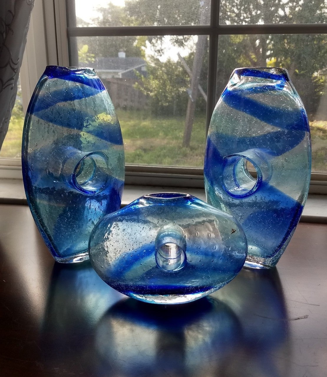 Vintage Hand Blown Beachy Art Sea Glass Blue & Teal Swirl Donut Hole Vase Set